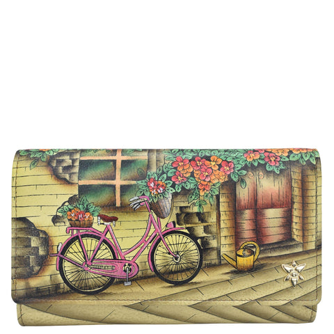 Leather Hand Painted Checkbook Clutch with RFID - Vintage Bike (1153)