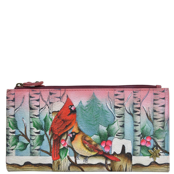 Leather Hand Painted Two Fold Wallet - Snowy Cardinal (1171)
