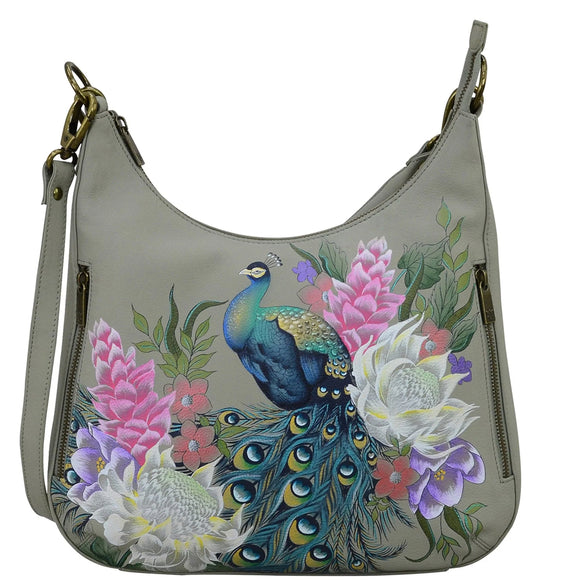 Leather Hand Painted Convertible Slim Hobo with Crossbody Strap - Regal Peacock (662)