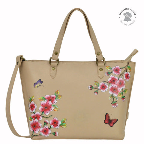 Leather Hand Painted Small Tote - Flower Garden Almond (693)